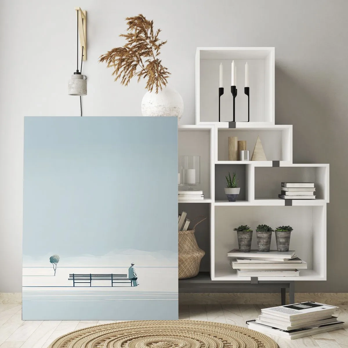 Obraz na szkle - Osoba siedząca na ławce w minimalistycznym krajobrazie - 80x120cm - Tak, czekam. - Nowoczesna dekoracja ścienna do salonu i sypialni ARTTOR