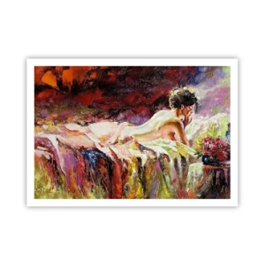 Plakat - Kobieta na tle abstrakcyjnych kolorów leżąca na łóżku - 100x70cm - Zamyślona Wenus - Nowoczesna dekoracja ścienna do salonu i sypialni ARTTOR