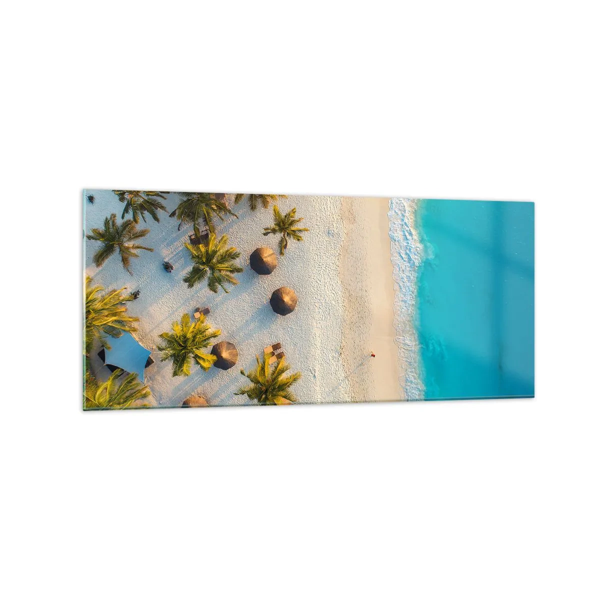 Obraz na szkle - Widok na tropikalną plażę z palmami i turkusowym morzem - 120x50cm - Witaj w raju - Nowoczesna dekoracja ścienna do salonu i sypialni ARTTOR