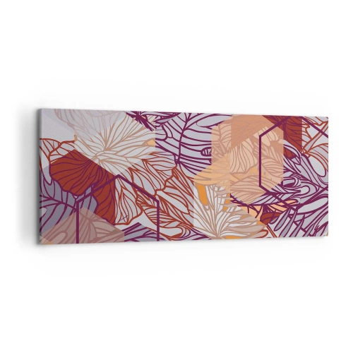 Obraz na płótnie - Dekoracyjny wzór liści tropikalnych w odcieniach fioletu, pomarańczu i beżu - 120x50cm - Związek niemozliwy geometrii i natury - Nowoczesna dekoracja ścienna do salonu i sypialni ARTTOR