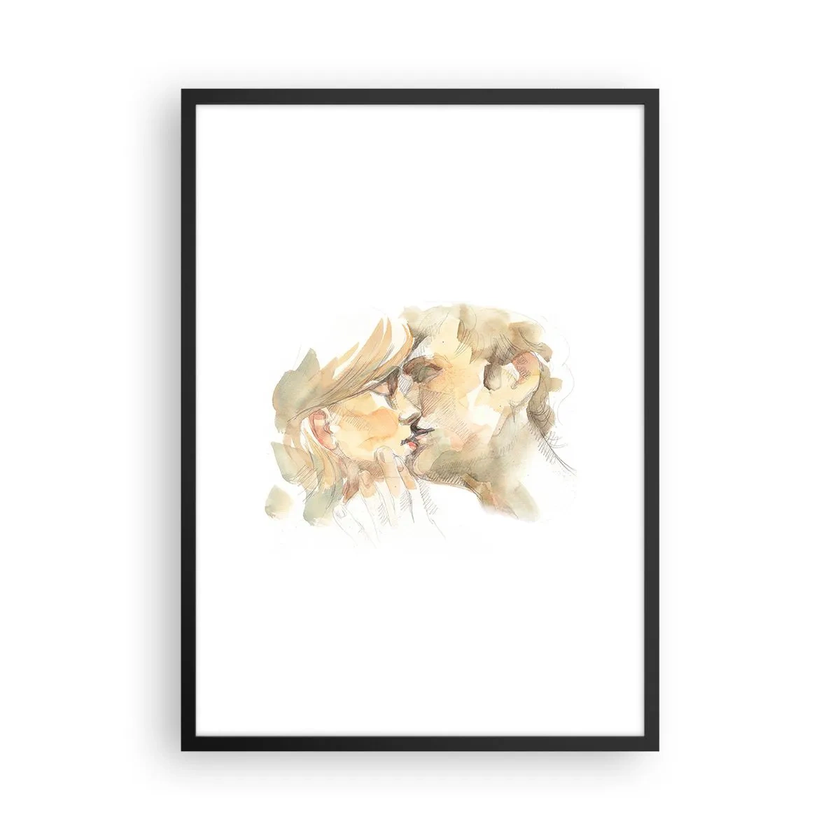 Plakat w czarnej ramie - Delikatny akwarelowy portret pary w czułym pocałunku - 50x70cm - Odnaleziona połowa? - Nowoczesna dekoracja ścienna do salonu i sypialni ARTTOR