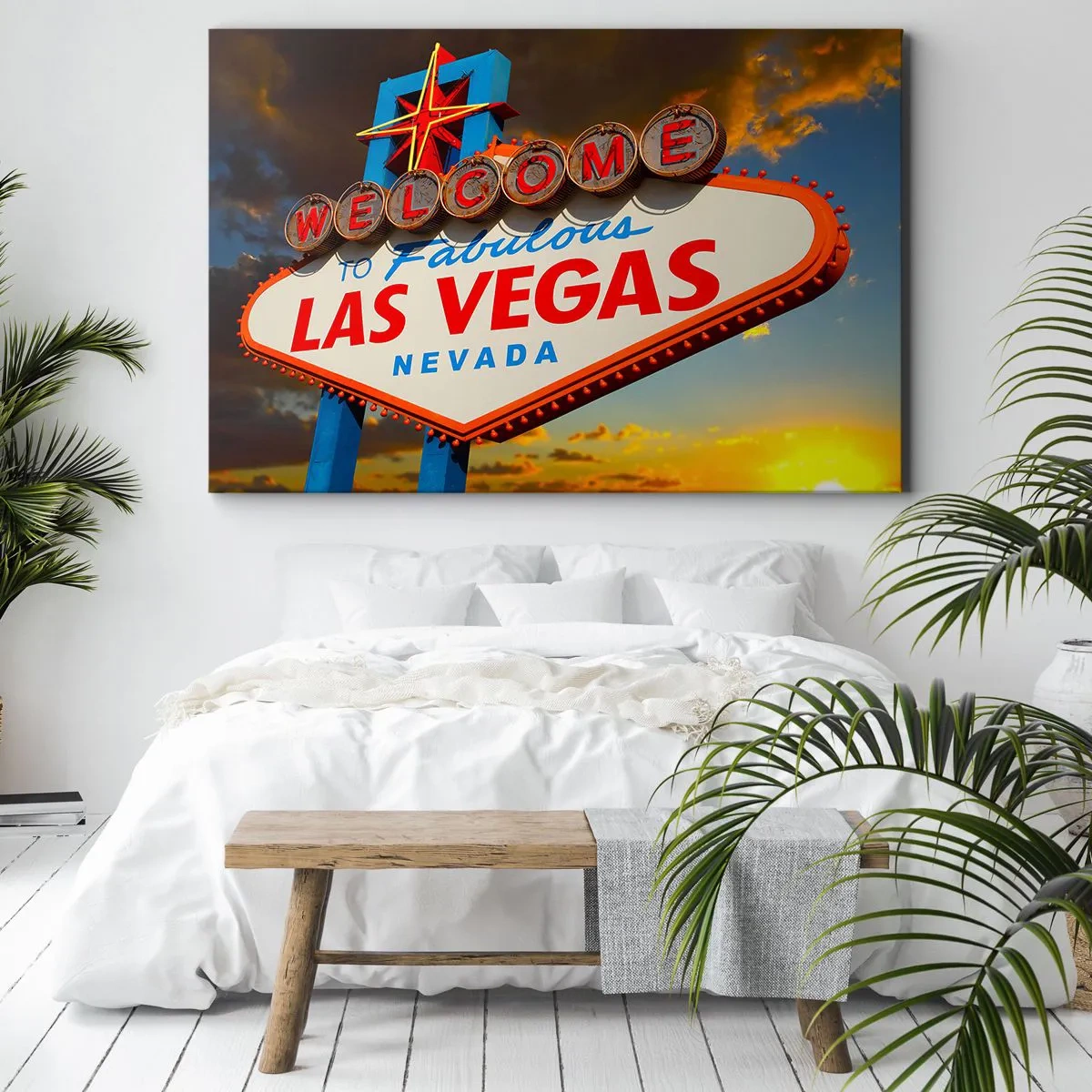 Obraz na płótnie - Słynny znak Welcome to Fabulous Las Vegas o zachodzie słońca - 70x50cm - Po uśmiech losu - Nowoczesna dekoracja ścienna do salonu i sypialni ARTTOR