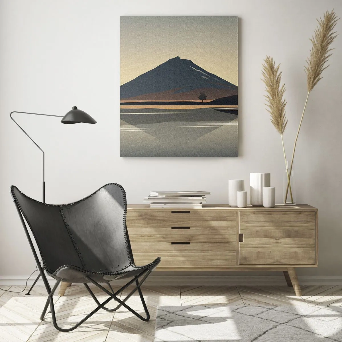 Obraz na szkle - Góry i jezioro w ciepłej tonacji z efektem odbicia - 50x70cm - Lustrzane odbicie - Nowoczesna dekoracja ścienna do salonu, kuchni i sypialni ARTTOR