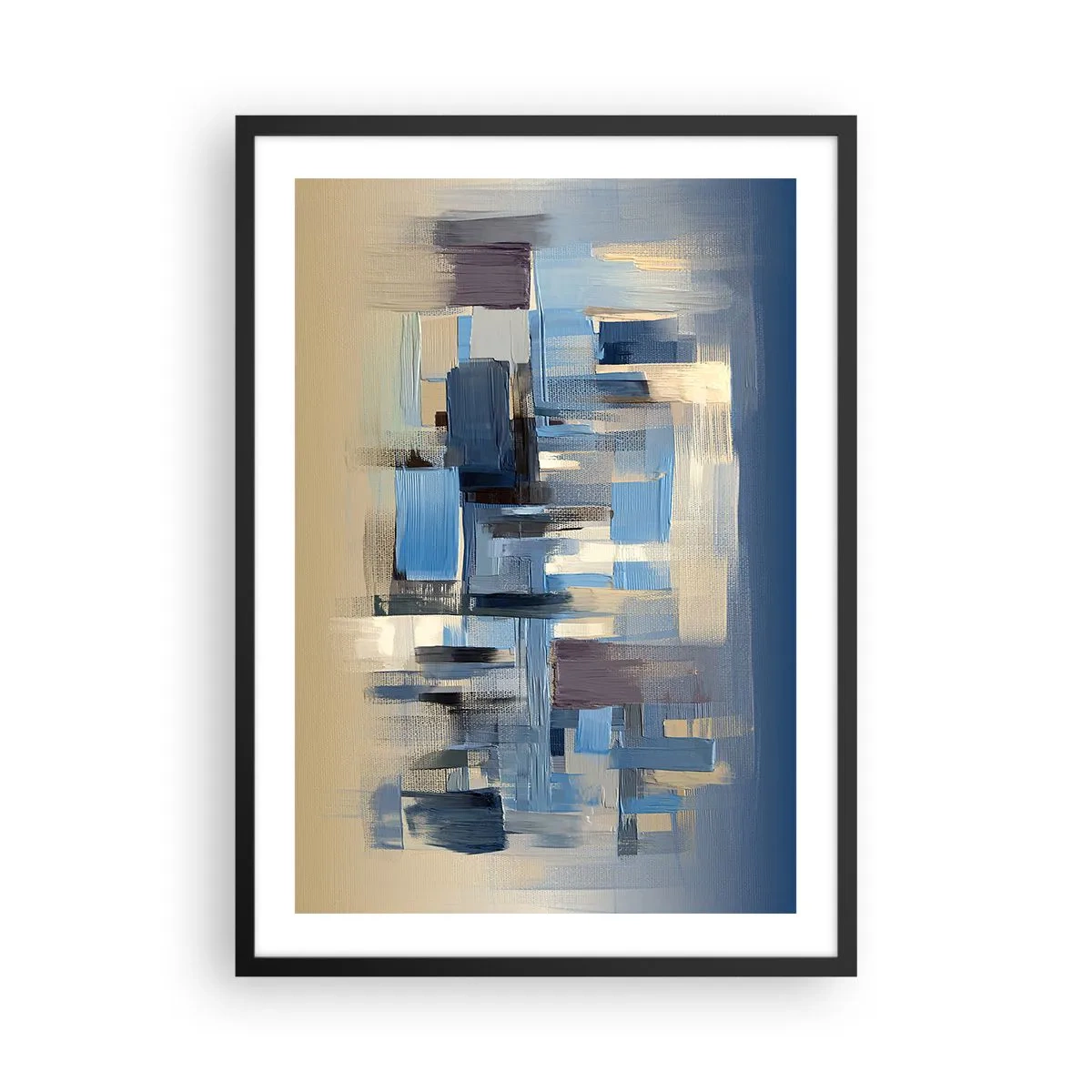 Plakat w czarnej ramie - Abstrakcyjna kompozycja geometryczna w odcieniach niebieskiego - 50x70cm - Błękitna konstrukcja - Nowoczesna dekoracja ścienna do salonu i sypialni ARTTOR