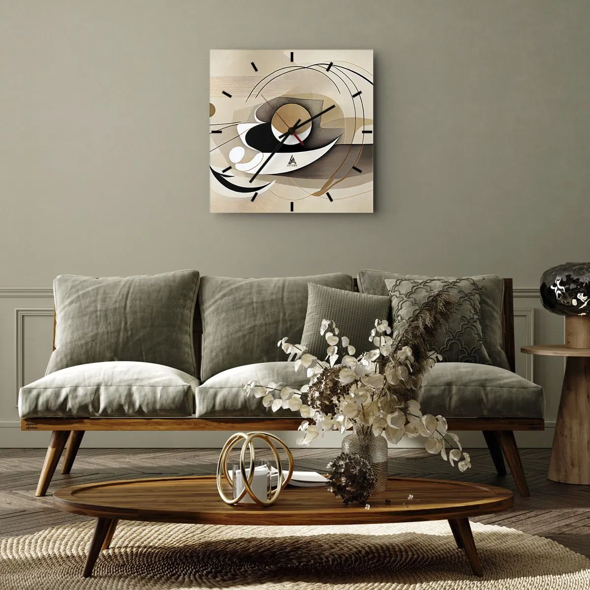 Zegar ścienny - Abstrakcyjna kompozycja w odcieniach beżu i czerni - 30x30cm - Kompozycja: istota rzeczy - Nowoczesna dekoracja ścienna do salonu i sypialni ARTTOR