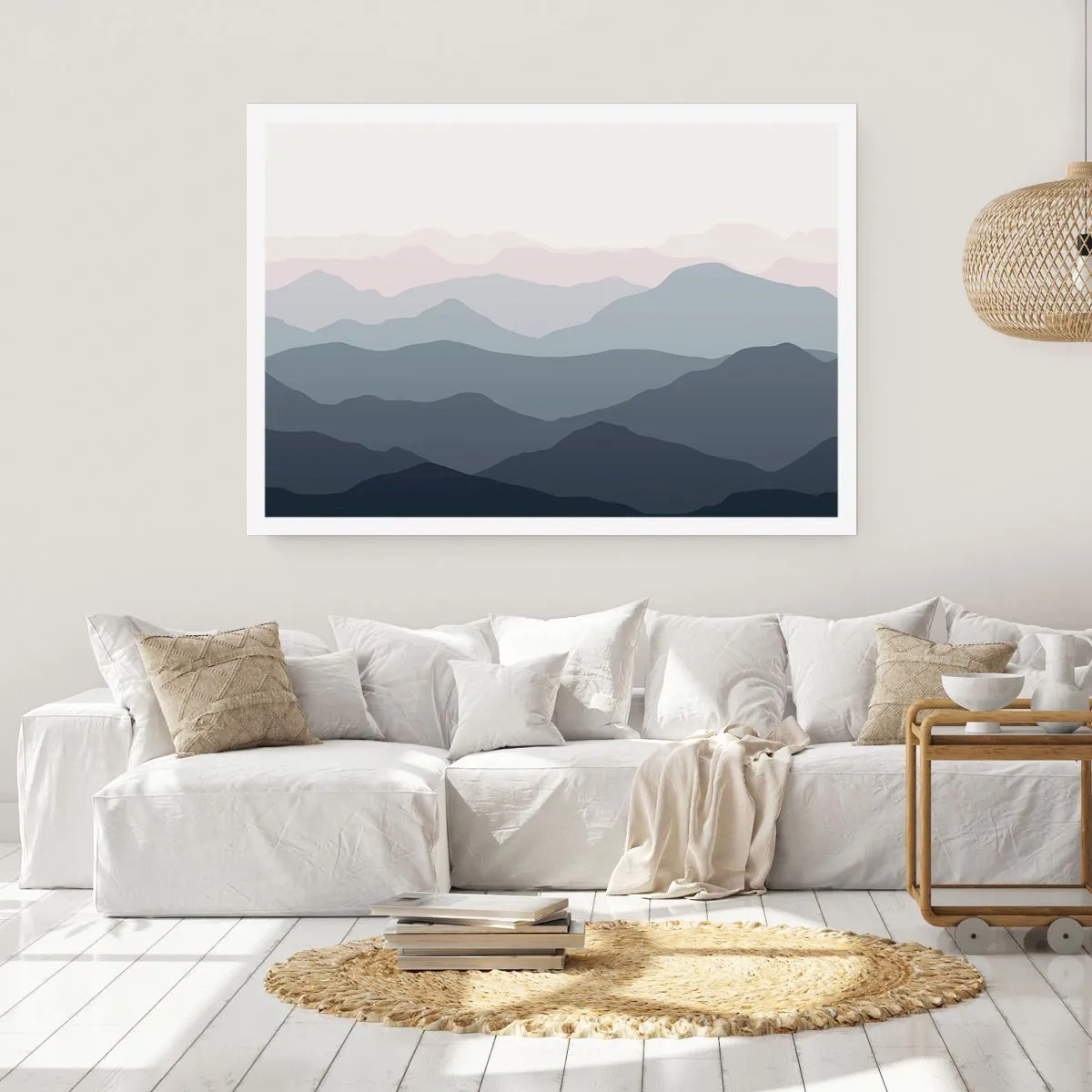 Plakat - Subtelne warstwy gór w odcieniach szarości i błękitu - 100x70cm - Fale gór - Nowoczesna dekoracja ścienna do salonu i sypialni ARTTOR