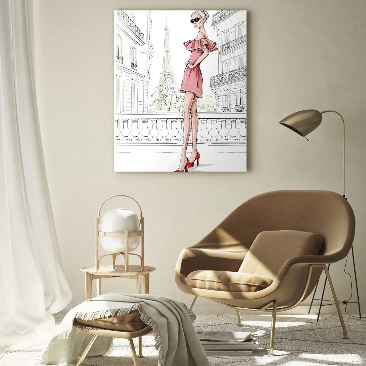 Obraz na szkle - Elegancka kobieta w różowej sukience na tle Paryża - 80x120cm - Sztuka mody - Nowoczesna dekoracja ścienna do salonu i sypialni ARTTOR