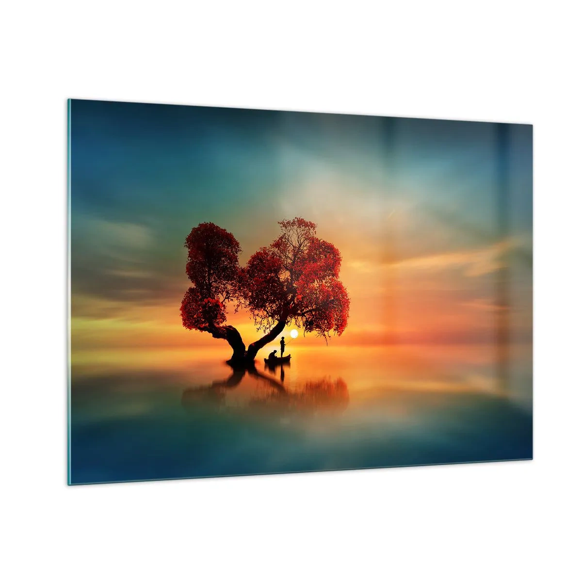 Obraz na szkle - Drzewo z czerwonymi liśćmi na tle zachodu słońca - 100x70cm - Oddaleńcy i ciszyzna bezświata - Nowoczesna dekoracja ścienna do salonu, kuchni i sypialni ARTTOR