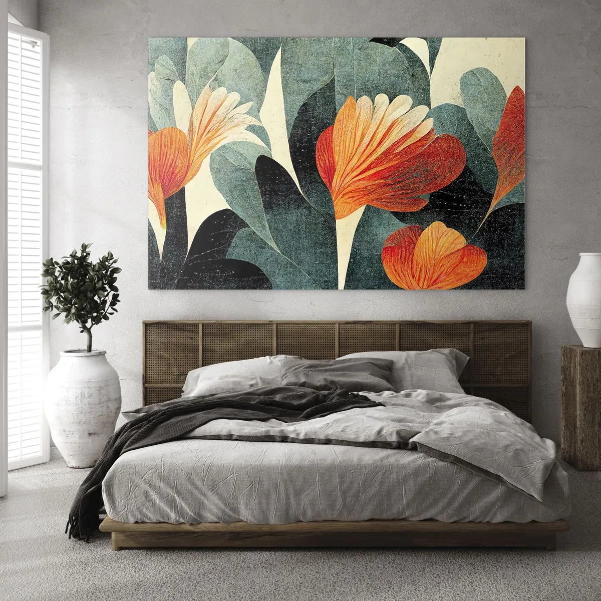 Obraz na szkle - Pomarańczowe kwiaty na tle ciemnozielonych liści - 100x70cm - Żar tropików i chłód zieleni - Nowoczesna dekoracja ścienna do salonu, kuchni i sypialni ARTTOR