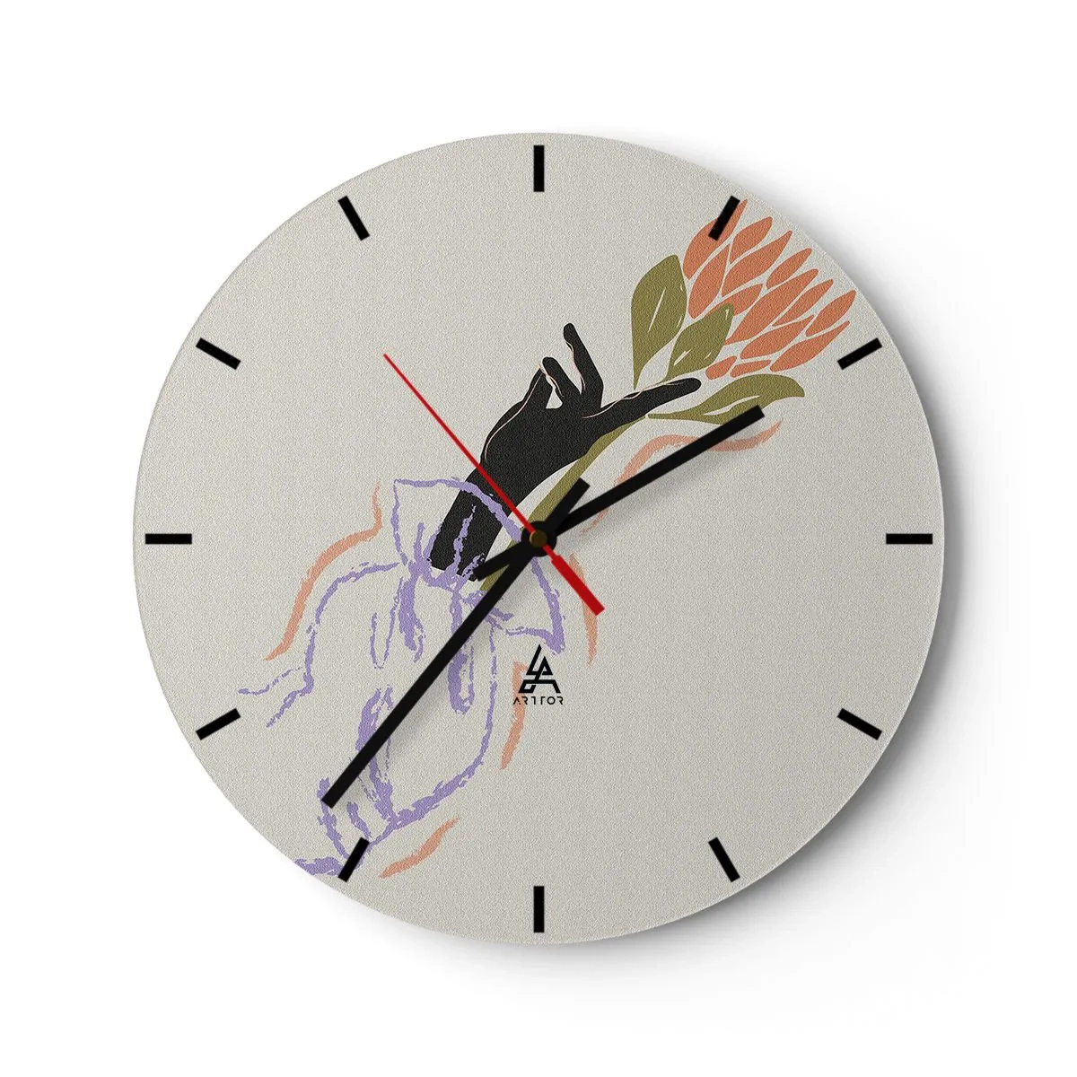 Zegar ścienny - Stylizowana dłoń trzymająca kwiat o pastelowych barwach - 30x30cm - Siostrzany dotyk - Nowoczesna dekoracja ścienna do salonu, kuchni i sypialni ARTTOR