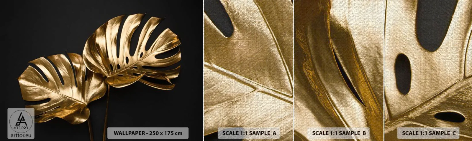 Fototapeta Próbka Premium Canvas - Skarby natury - Abstrakcja, Złote Liście, Liść Monstery - 100x30 cm