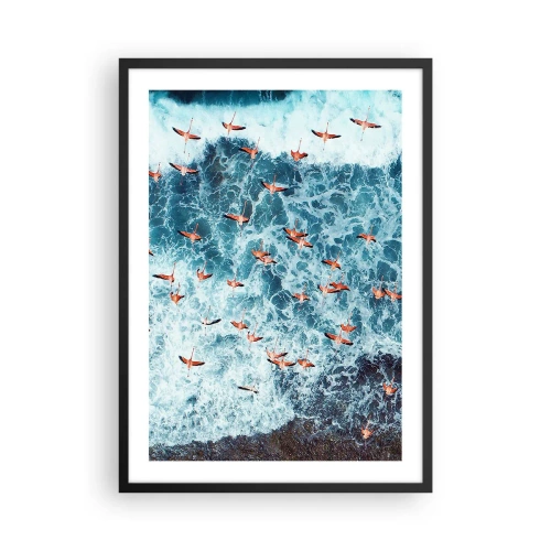 Plakat w czarnej ramie - Flamingi nad falami oceanu w intensywnych barwach - 50x70cm - Nadmorska parada - Nowoczesna dekoracja ścienna do salonu i sypialni ARTTOR