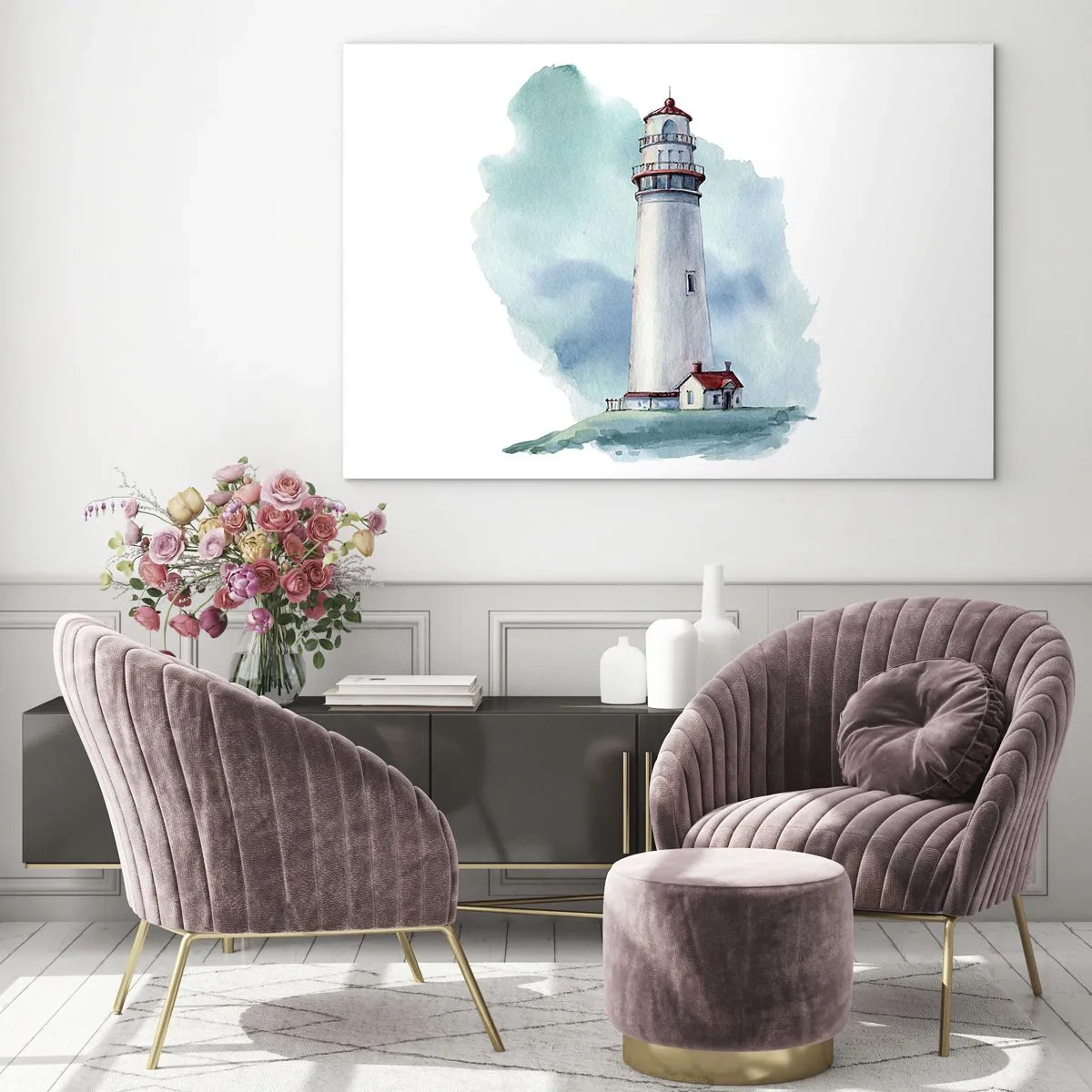 Obraz na szkle - Latarnia morska na tle błękitnego akwarelowego nieba - 70x50cm - Łagodna siostra błękitu - Nowoczesna dekoracja ścienna do salonu i sypialni ARTTOR