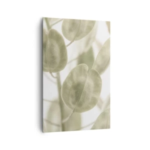Obraz na płótnie - Delikatny obraz liści w pastelowych odcieniach zieleni na jasnym tle - 80x120cm - Na początku były listki… - Nowoczesna dekoracja ścienna do salonu i sypialni ARTTOR