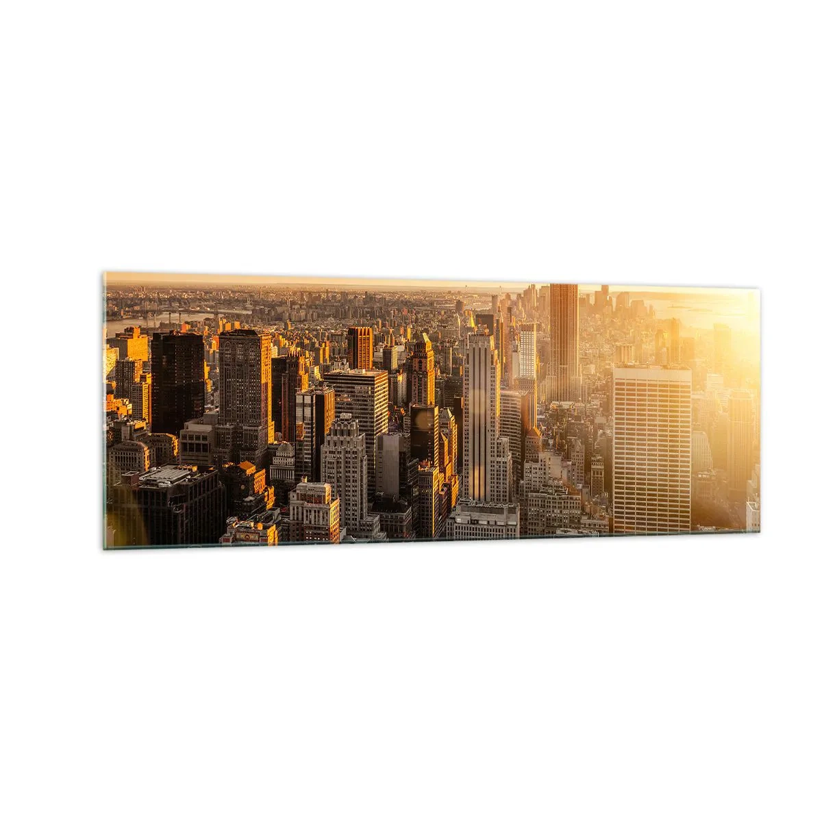Obraz na szkle - Panorama Nowego Jorku o zachodzie słońca z widokiem na Empire State Building - 140x50cm - Rosnąc w słońcu - Nowoczesna dekoracja ścienna do salonu i sypialni ARTTOR