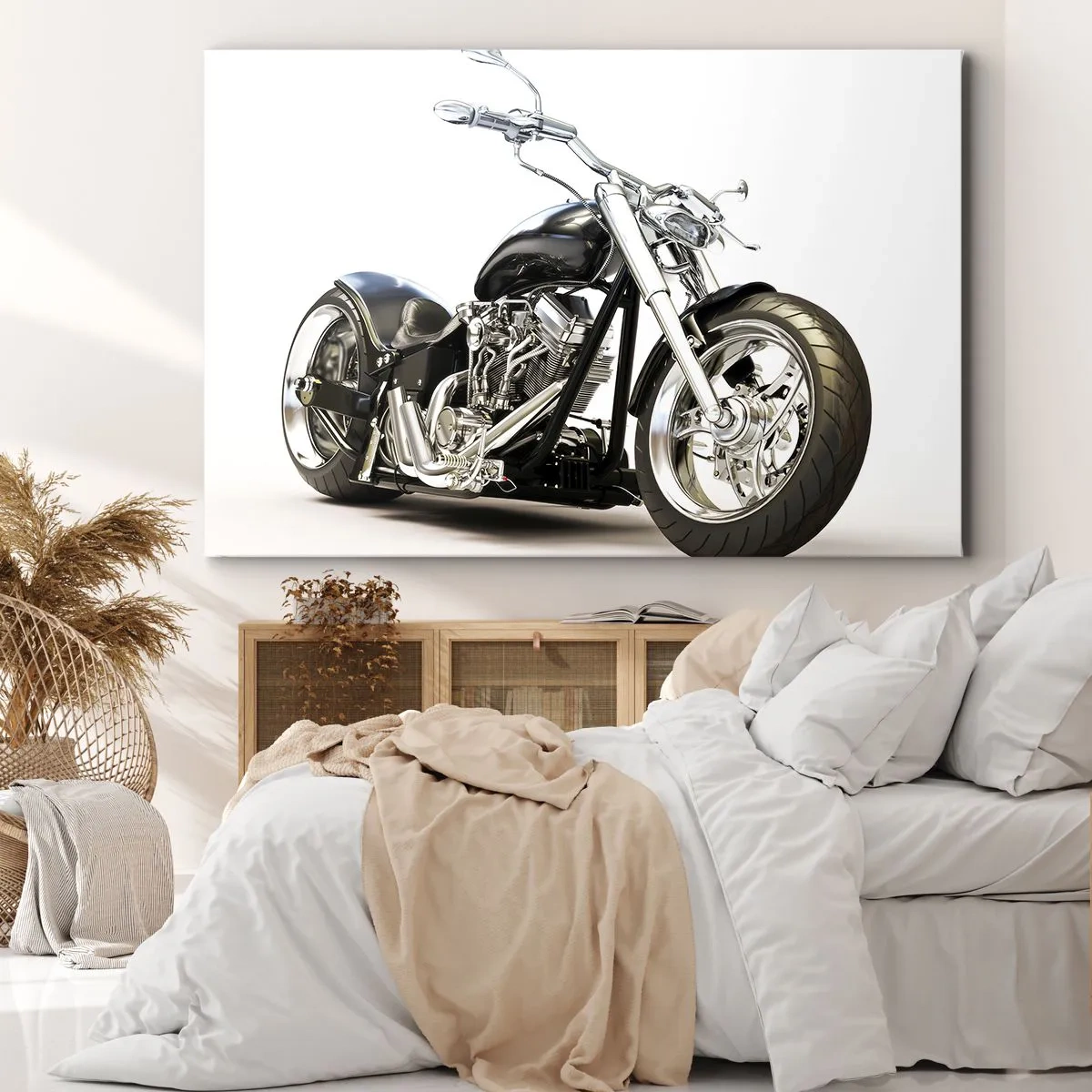 Obraz na płótnie - Stylowy czarny motocykl na białym tle - 100x70cm - Siła z charakterem - Nowoczesna dekoracja ścienna do salonu, kuchni i sypialni ARTTOR