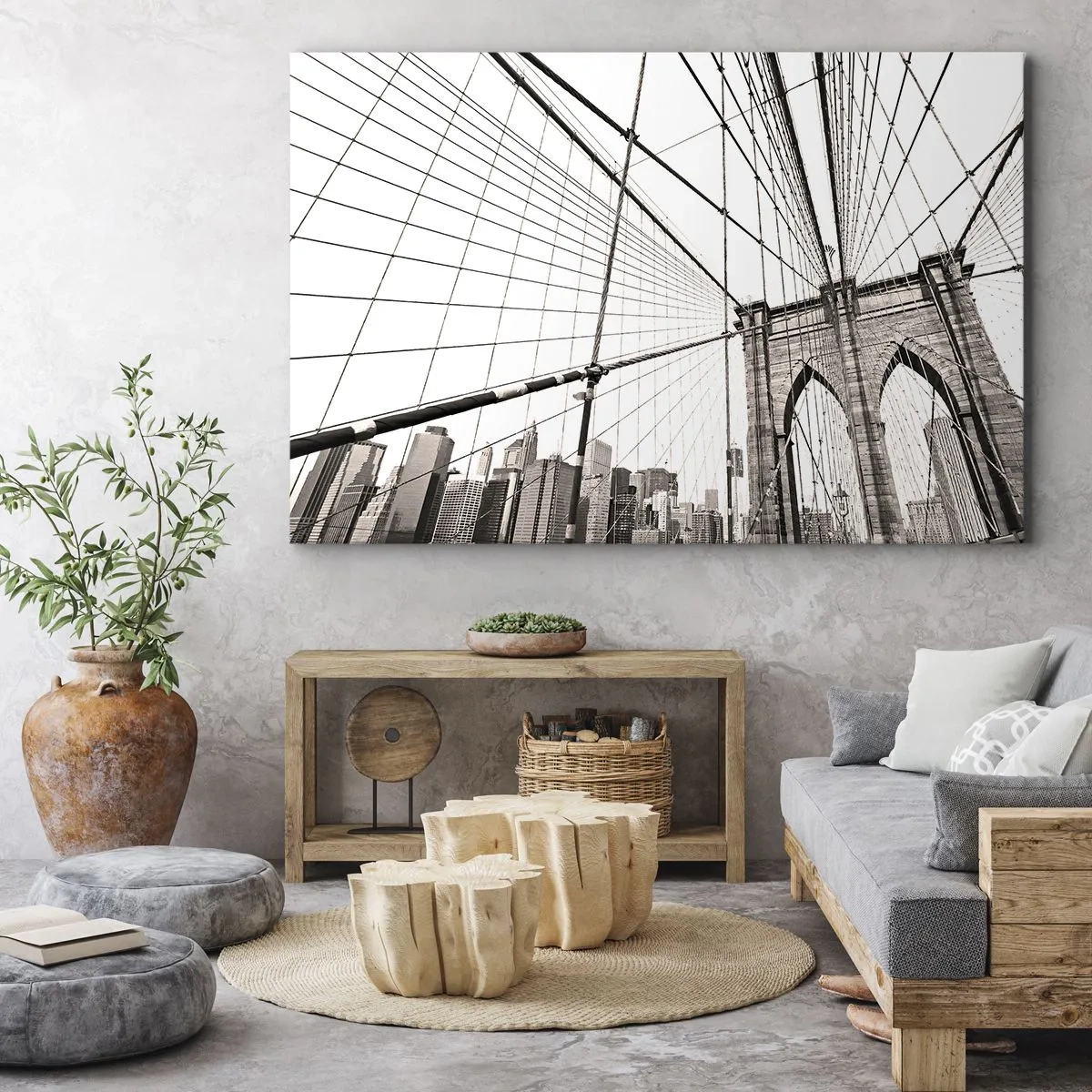 Obraz na płótnie - Most Brooklyn w monochromatycznym ujęciu - 70x50cm - Nowojorska katedra - Nowoczesna dekoracja ścienna do salonu i sypialni ARTTOR