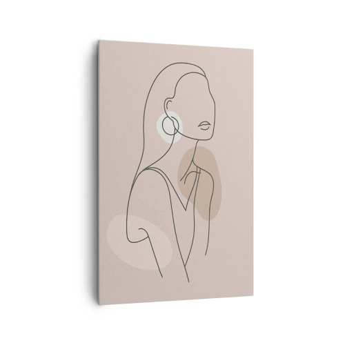 Obraz na płótnie - Minimalistyczna ilustracja kobiety z konturów na beżowym tle - 80x120cm - Ikona dziewczęcości - Nowoczesna dekoracja ścienna do salonu i sypialni ARTTOR