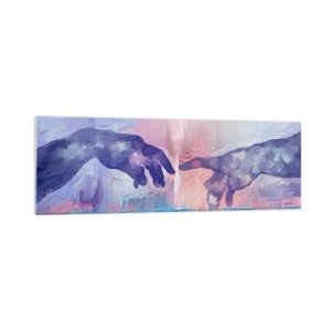 Obraz na szkle - Symboliczne dłonie w abstrakcyjnych barwach, odwołujące się do motywu stworzenia - 160x50cm - Boska iskra życia - Nowoczesna dekoracja ścienna do salonu i sypialni ARTTOR