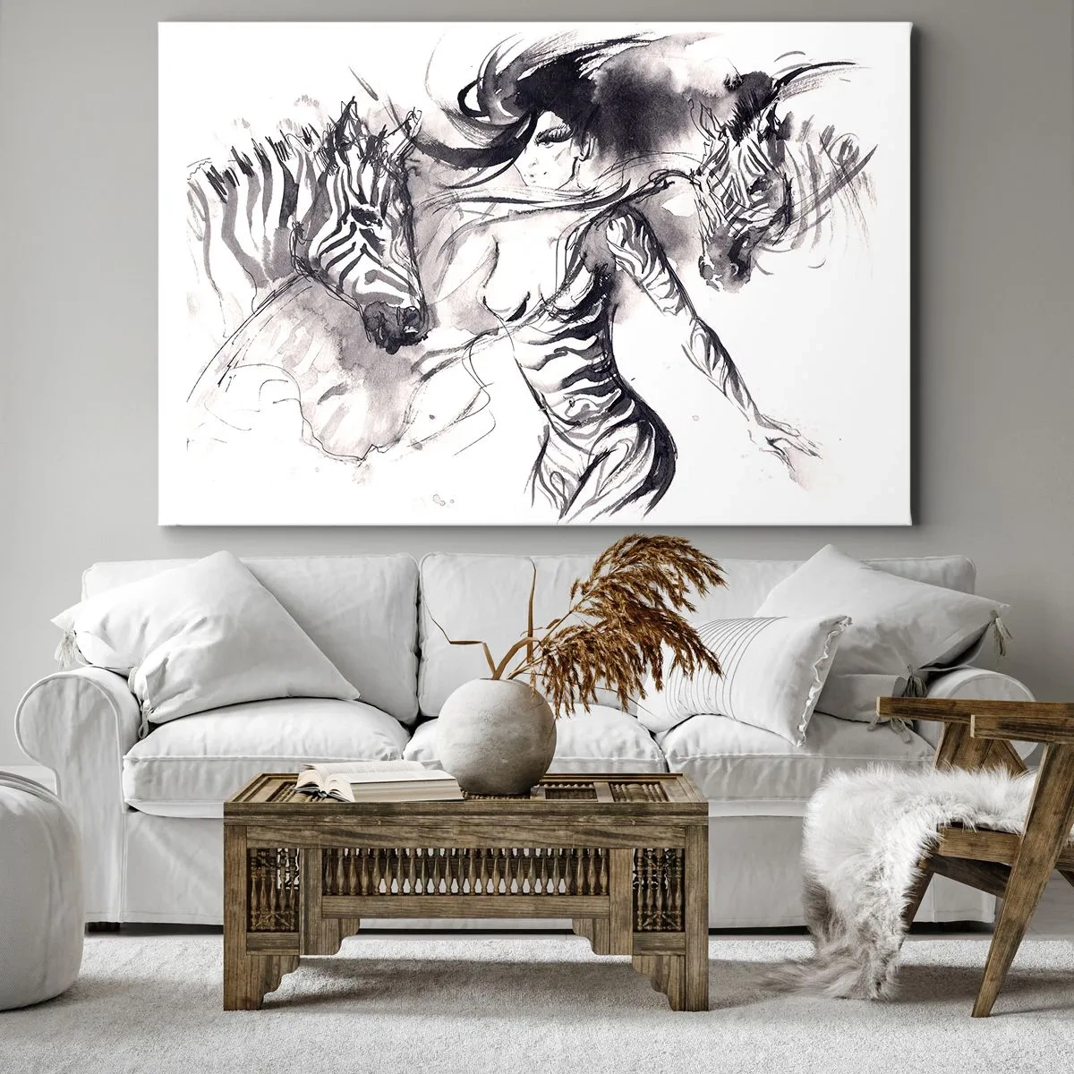 Obraz na płótnie - Kobieta w dynamicznym tańcu z zebrami w czarno-białej estetyce - 70x50cm - Tańcząca z zebrami - Nowoczesna dekoracja ścienna do salonu i sypialni ARTTOR
