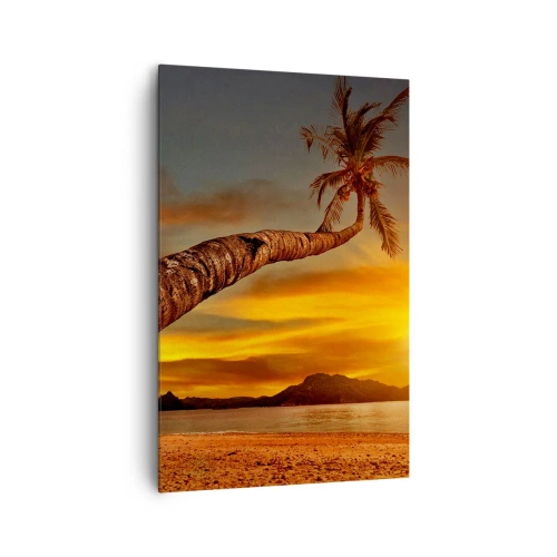 Obraz na płótnie - Palma na plaży o zachodzie słońca z widokiem na morze - 80x120cm - Egzotyczne wakacje, karaibska przygoda - Nowoczesna dekoracja ścienna do salonu i sypialni ARTTOR