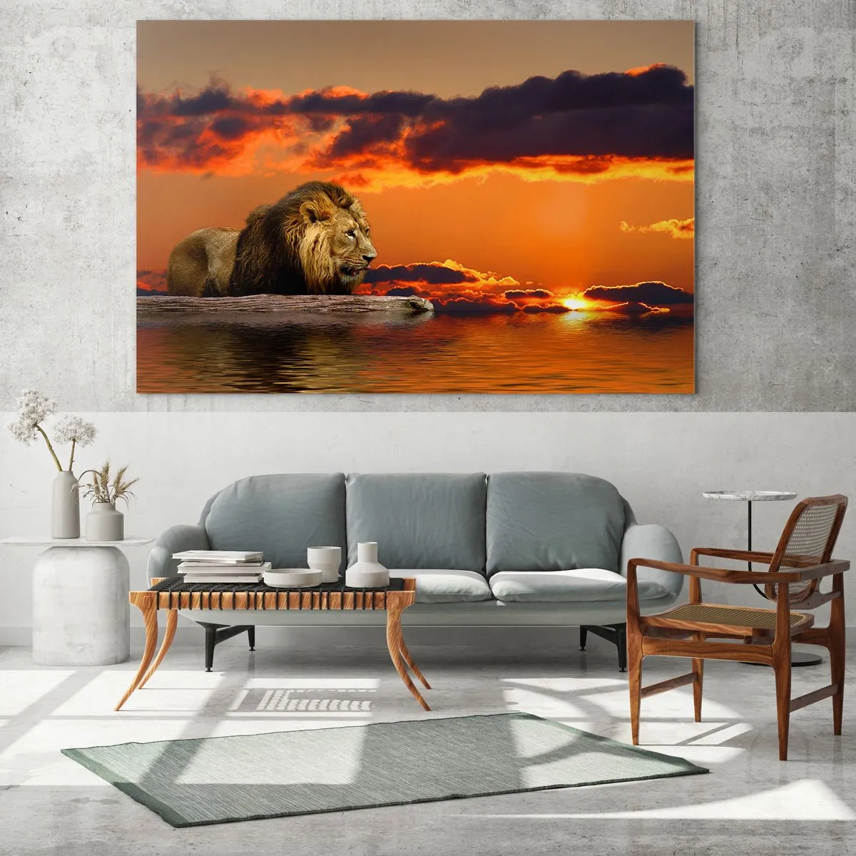 Obraz na szkle - Lew na tle zachodzącego słońca - 120x80cm - Król natury - Nowoczesna dekoracja ścienna do salonu, kuchni i sypialni ARTTOR