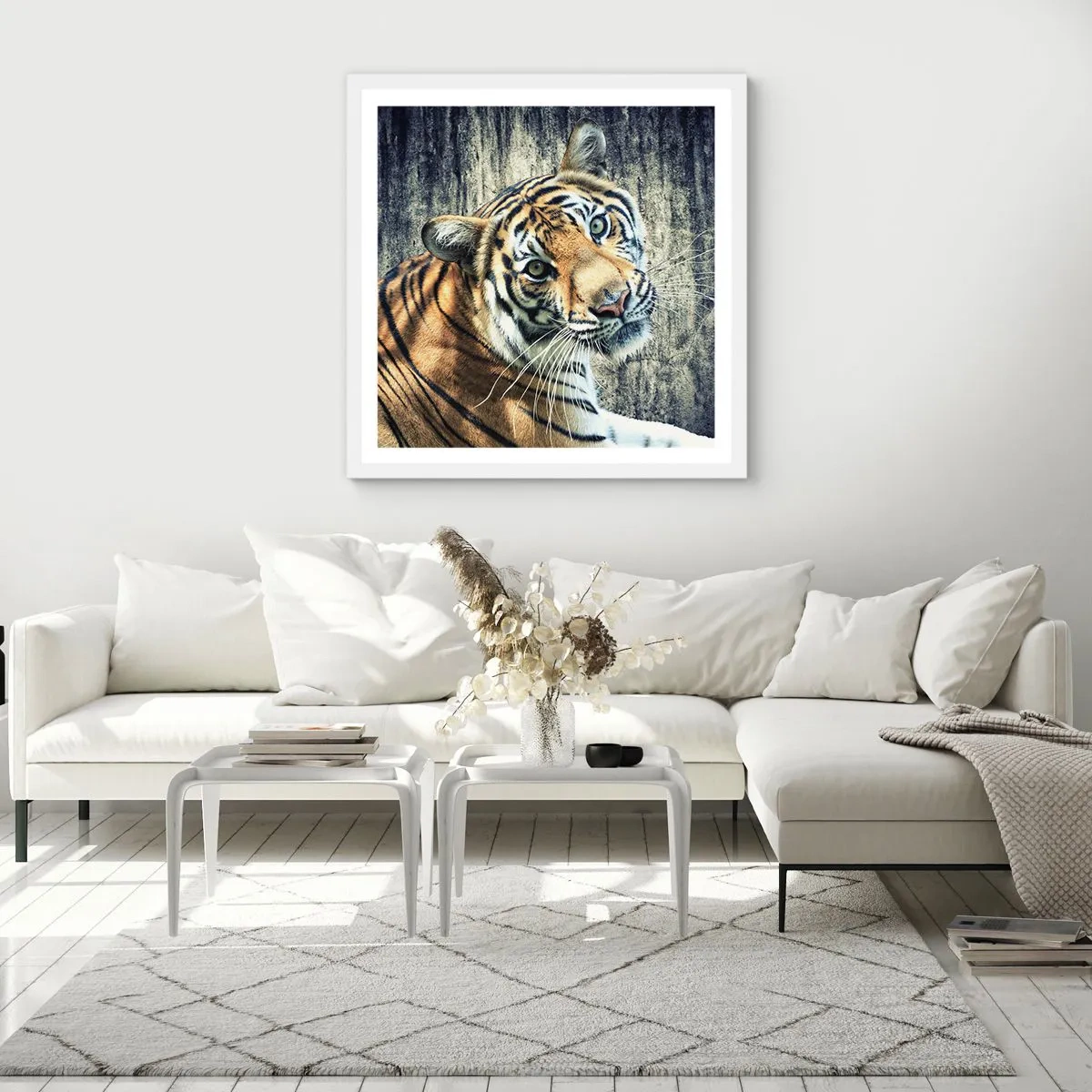 Plakat w białej ramie - Portret w strugach światła - 60x60 cm