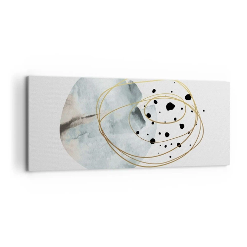 Obraz na płótnie - Minimalistyczna abstrakcja z geometrycznym wzorem i złotymi liniami - 120x50cm - W objęciach przestrzeni - Nowoczesna dekoracja ścienna do salonu i sypialni ARTTOR