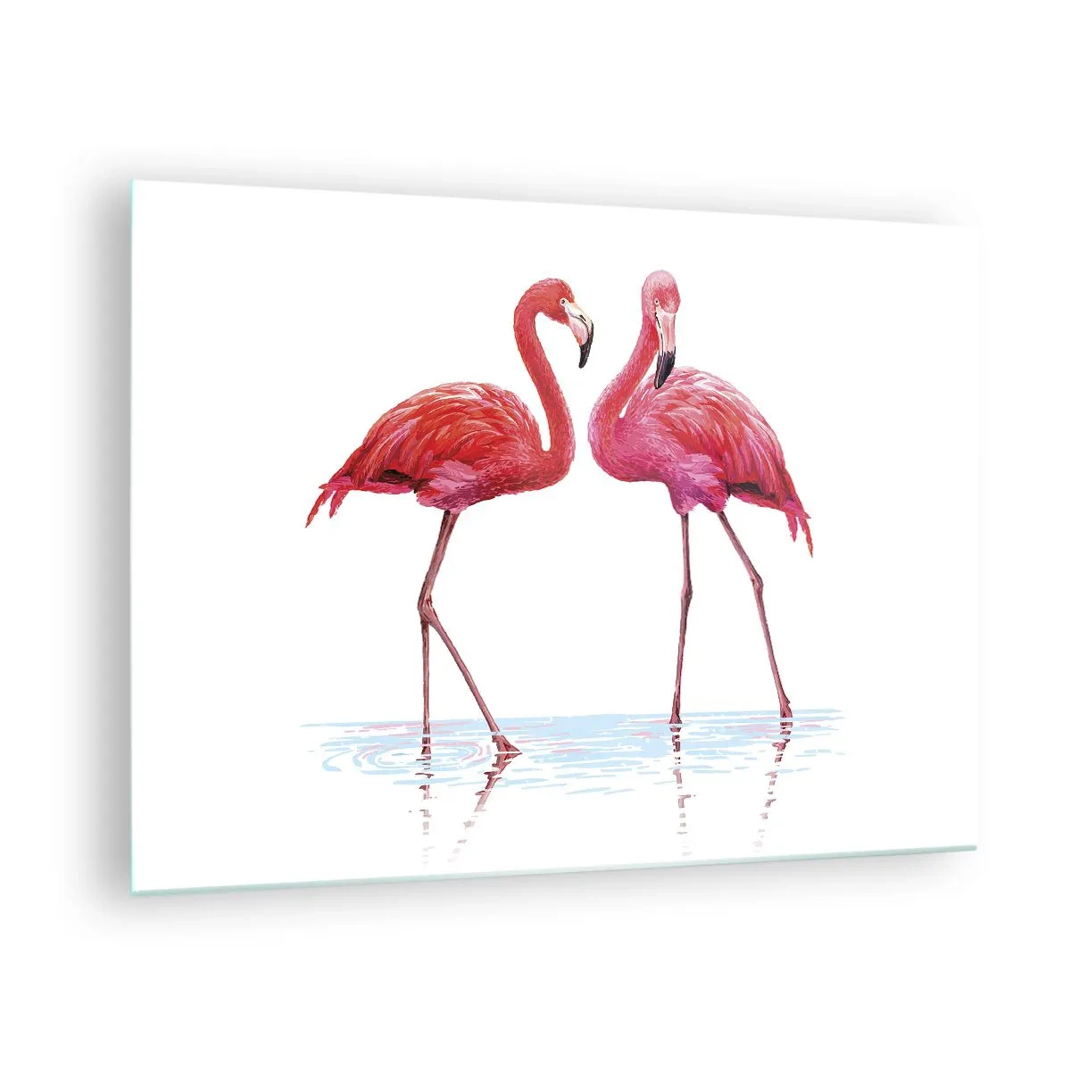 Obraz na szkle - Dwa różowe flamingi stojące w wodzie - 70x50cm - Różowe randez-vous - Nowoczesna dekoracja ścienna do salonu i sypialni ARTTOR