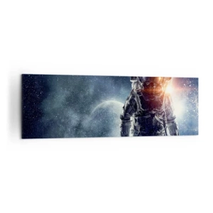 Obraz na płótnie - Astronauta na tle kosmosu i planety Ziemi - 160x50cm - Kosmiczna przygoda - Nowoczesna dekoracja ścienna do salonu i sypialni ARTTOR