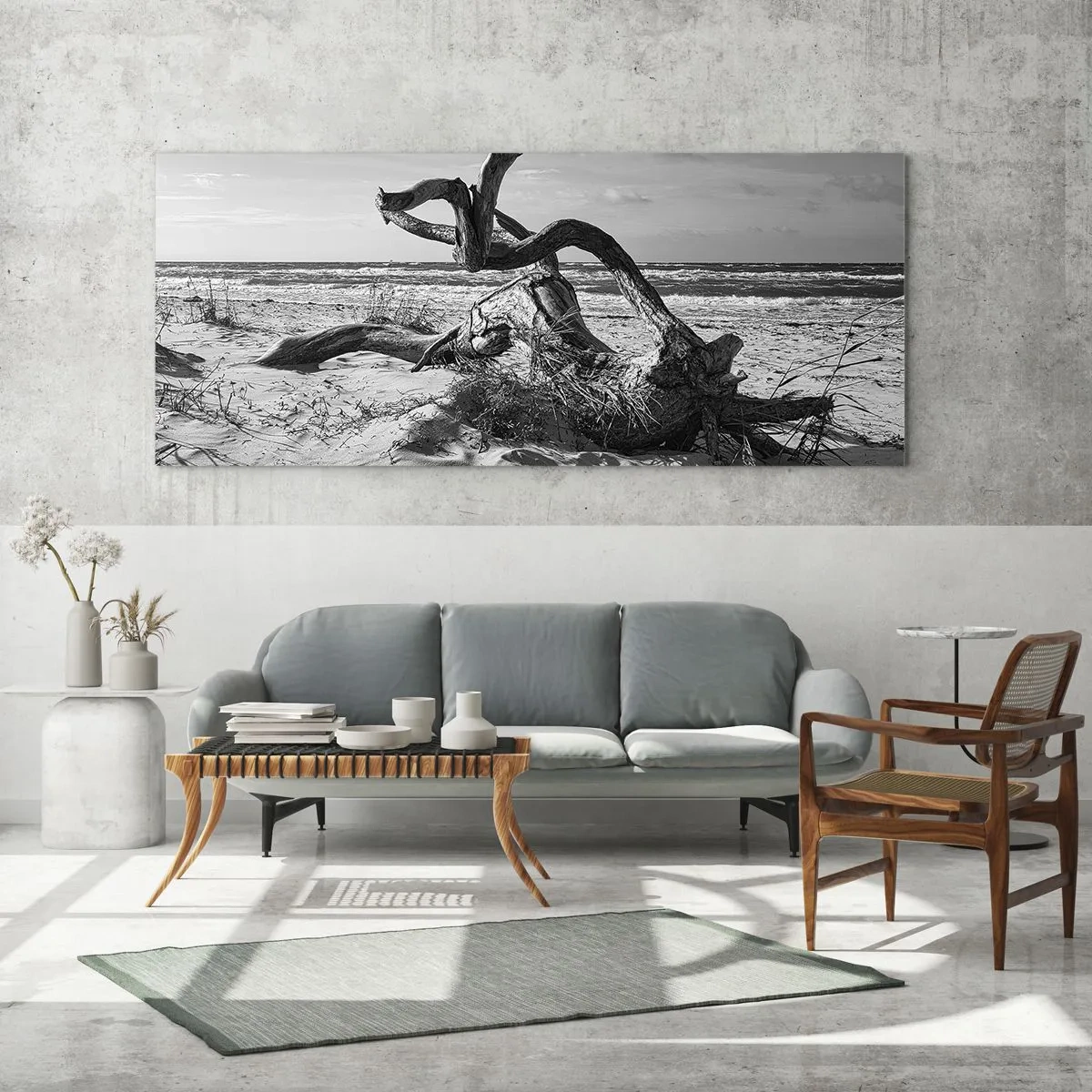 Obraz na szkle - Czarno-biały krajobraz z martwym drzewem na plaży - 140x50cm - Morska rzeźba - Nowoczesna dekoracja ścienna do salonu i sypialni ARTTOR