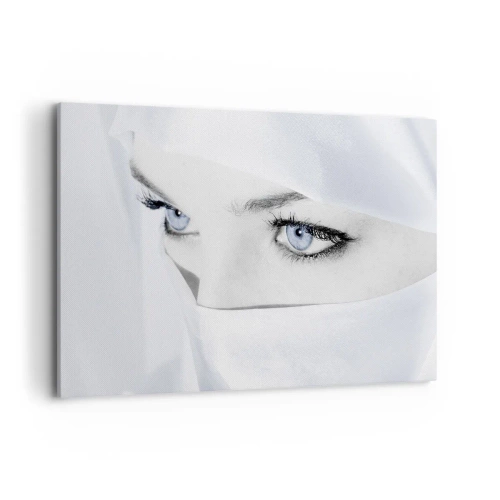 Obraz na płótnie - Portret kobiety z błękitnymi oczami ukrytej za białym welonem - 100x70cm - Wprost z tysiąca i jednej nocy - Nowoczesna dekoracja ścienna do salonu, kuchni i sypialni ARTTOR