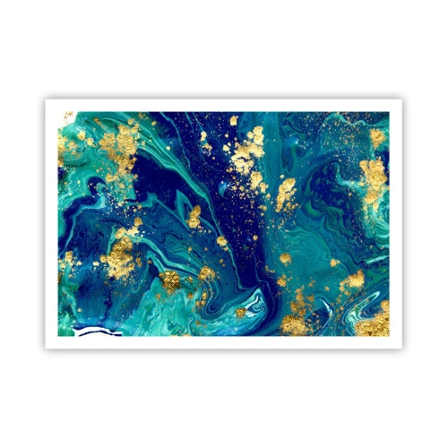 Plakat - Abstrakcyjna kompozycja z błękitem, zielenią i złotymi akcentami - 100x70cm - Płatki słońca - Nowoczesna dekoracja ścienna do salonu i sypialni ARTTOR