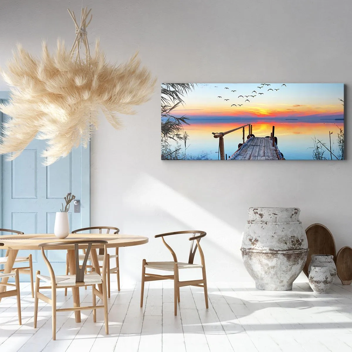 Obraz na płótnie - Drewniany pomost nad jeziorem o zachodzie słońca - 120x50cm - Pora wracać… - Nowoczesna dekoracja ścienna do salonu i sypialni ARTTOR