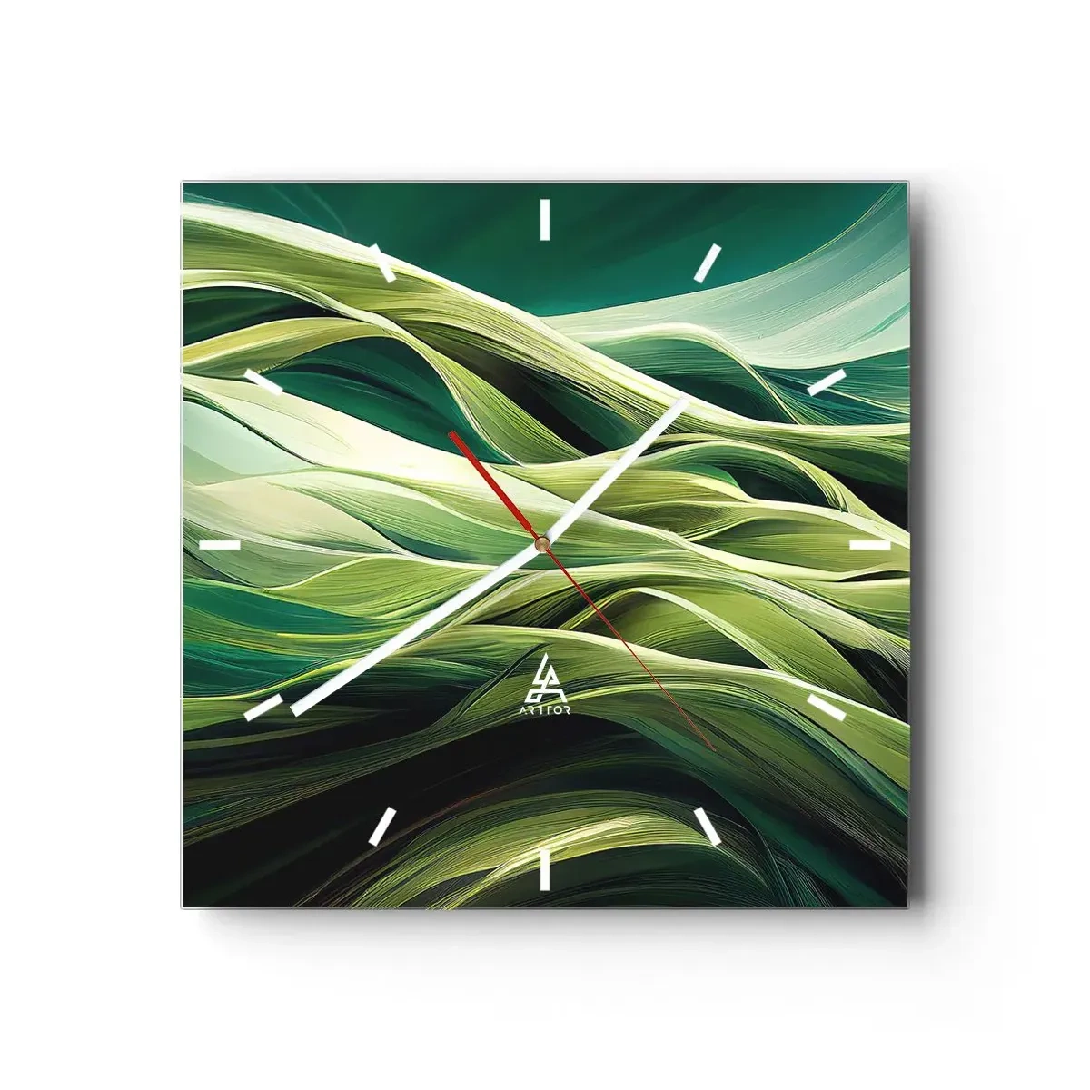 Zegar ścienny - Dynamiczne linie w odcieniach zieleni - 30x30cm - Abstrakcyjna gra w zielone - Nowoczesna dekoracja ścienna do salonu i sypialni ARTTOR