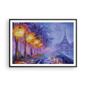 Plakat w czarnej ramie - Aleja z lampami w Paryżu z wieżą Eiffla w tle - 100x70cm - Wymarzony spacer - Nowoczesna dekoracja ścienna do salonu i sypialni ARTTOR