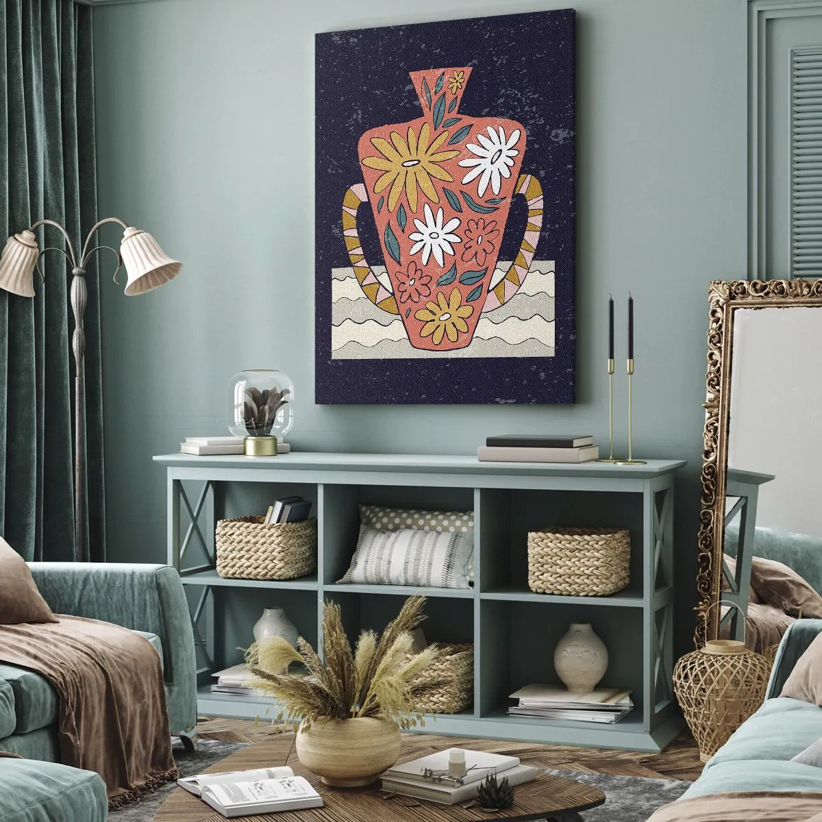 Obraz na płótnie - Ozdobny dzban w stylu retro z florystycznym wzorem na ciemnym tle - 50x70cm - Malowany dzban - Nowoczesna dekoracja ścienna do salonu, kuchni i sypialni ARTTOR