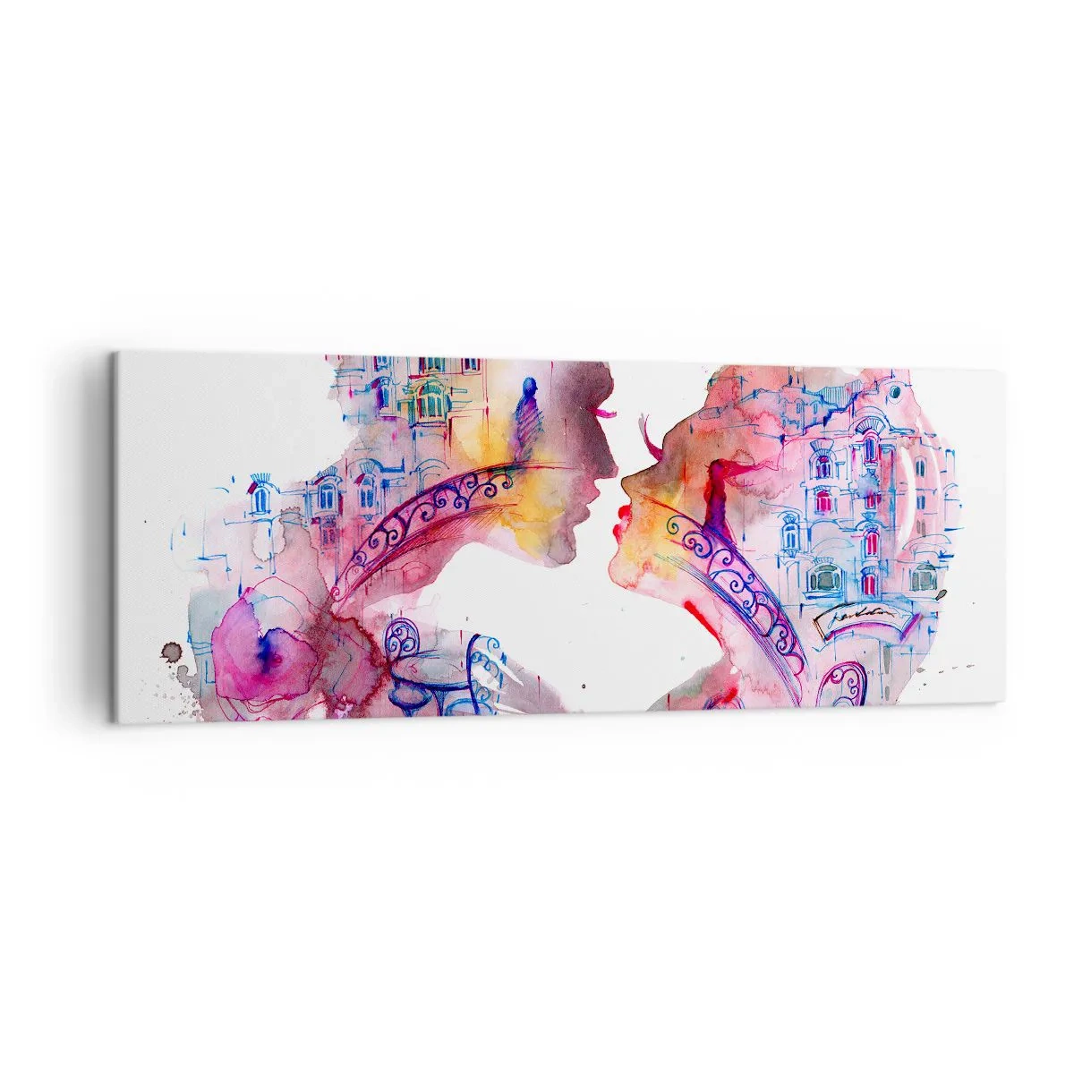Obraz na płótnie - Romantyczna akwarela przedstawiająca sylwetki zakochanych - 140x50cm - Tajemny most westchnień - Nowoczesna dekoracja ścienna do salonu i sypialni ARTTOR