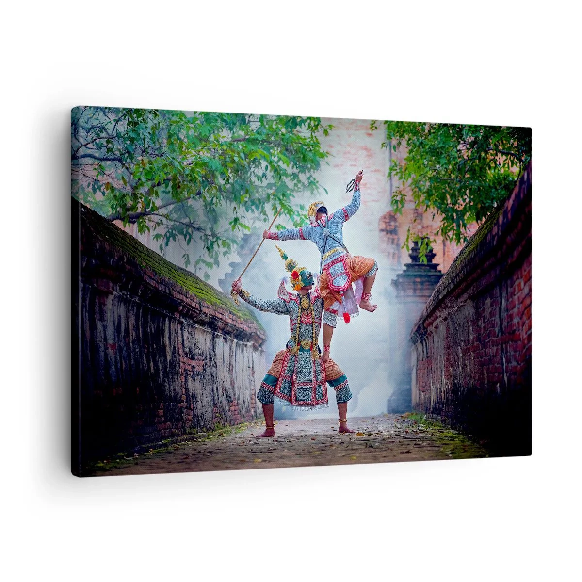 Obraz na płótnie - Tradycyjny taniec w historycznej scenerii z murem i drzewami - 70x50cm - Taniec zabójczo piękny - Nowoczesna dekoracja ścienna do salonu i sypialni ARTTOR