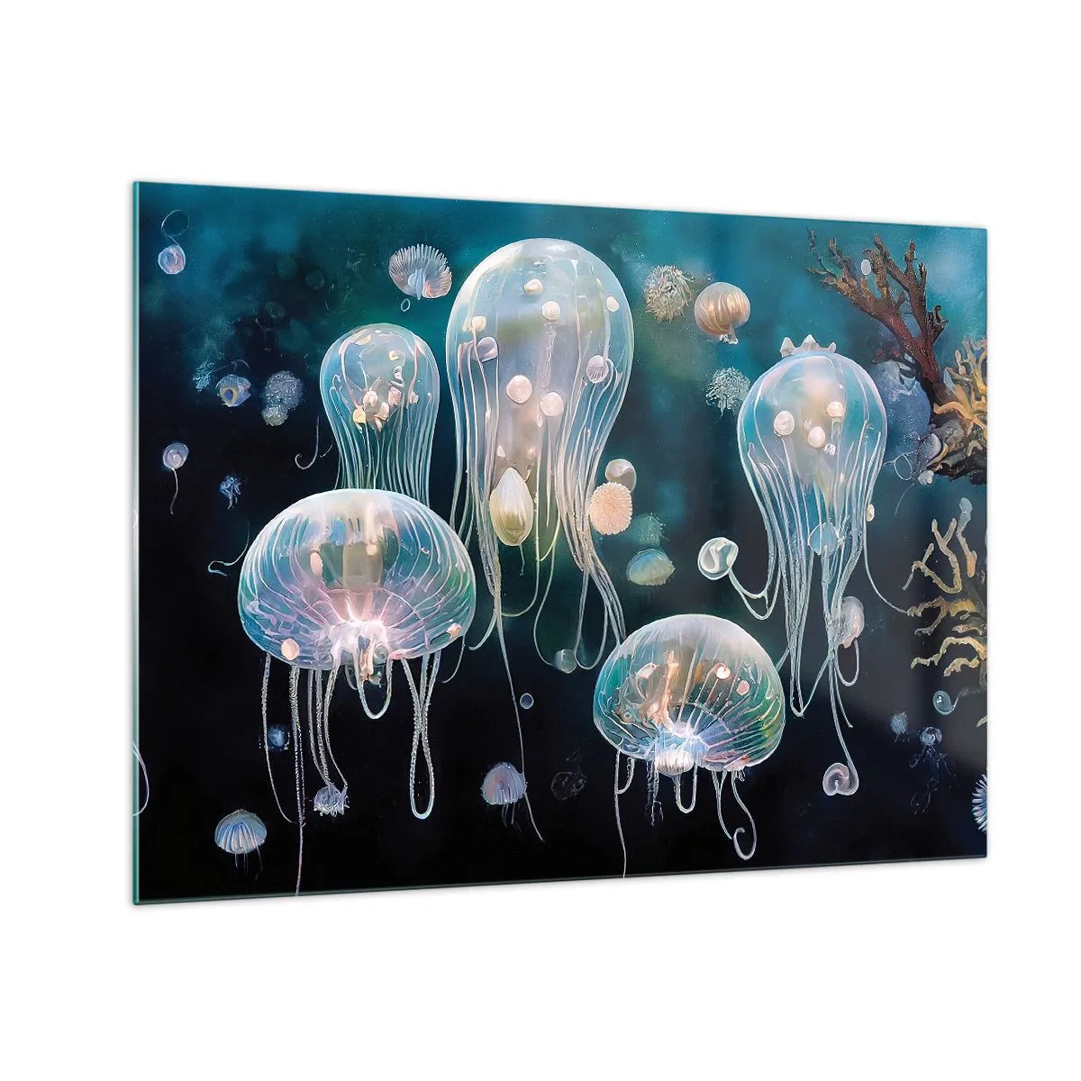 Obraz na szkle - Meduzy w świetlistym tańcu podwodnego świata - 70x50cm - Podwodny bal - Nowoczesna dekoracja ścienna do salonu i sypialni ARTTOR
