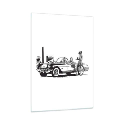 Obraz na szkle - Kreatywna grafika z klasycznym samochodem i postaciami - 50x70cm - 60. - beztroska Ameryka - Nowoczesna dekoracja ścienna do salonu, kuchni i sypialni ARTTOR