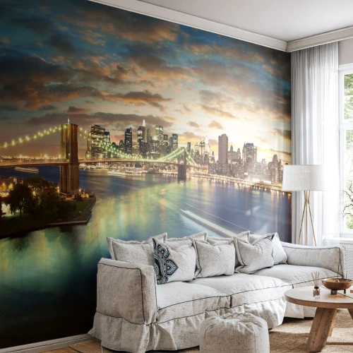 Fototapeta Samoprzylepna Deluxe Sticker - Rozświetlony wieczór nad Manhatanem - Miasto, Most, Nowy York - 250x175 cm