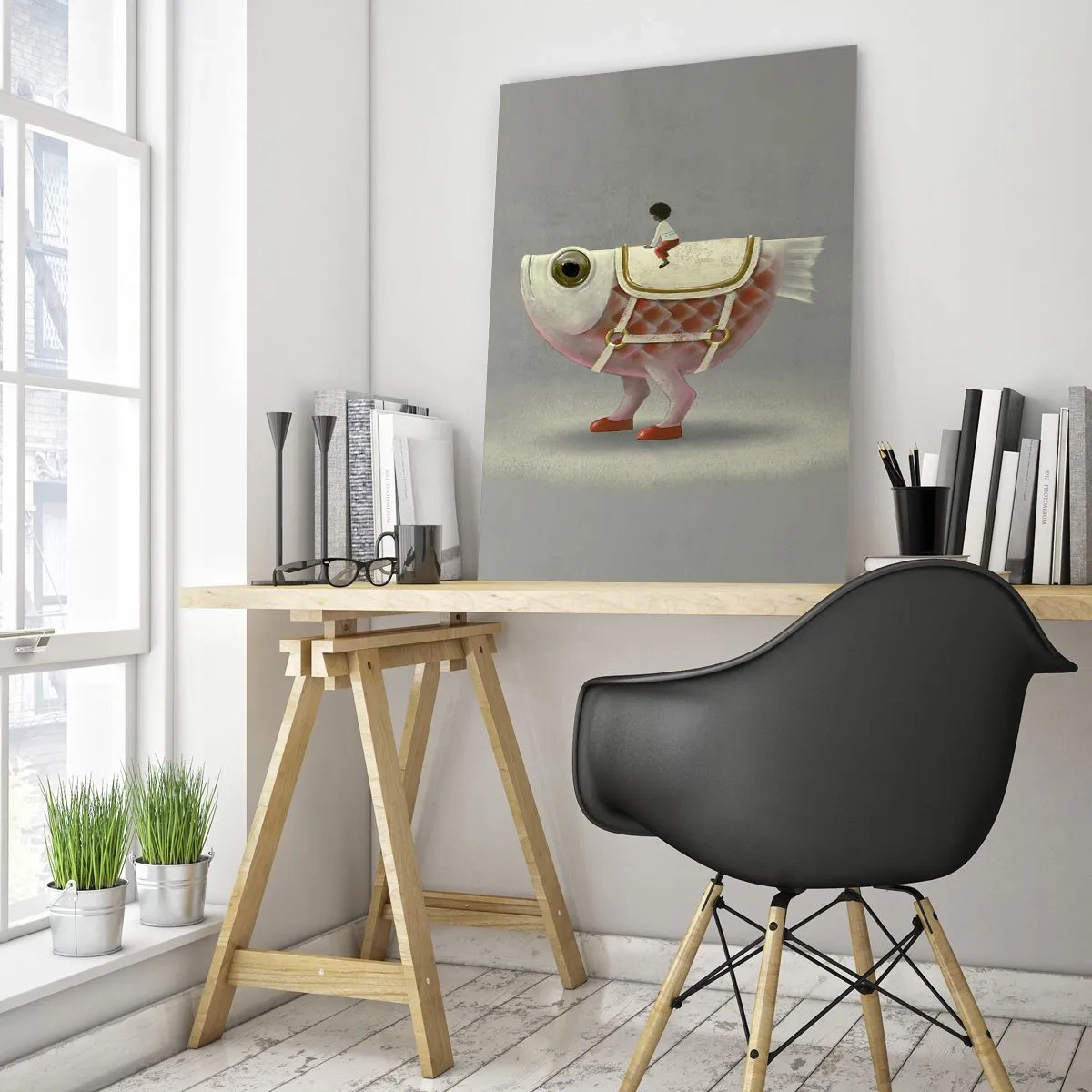 Obraz na szkle - Postać jadąca na różowej rybie z nogami i siodłem - 50x70cm - Ryboński jeździec - Nowoczesna dekoracja ścienna do salonu, kuchni i sypialni ARTTOR