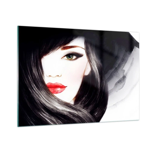 Obraz na szkle - Portret kobiety z czarnymi włosami i wyrazistymi czerwonymi ustami - 100x70cm - Szafirowe spojrzenie - Nowoczesna dekoracja ścienna do salonu, kuchni i sypialni ARTTOR