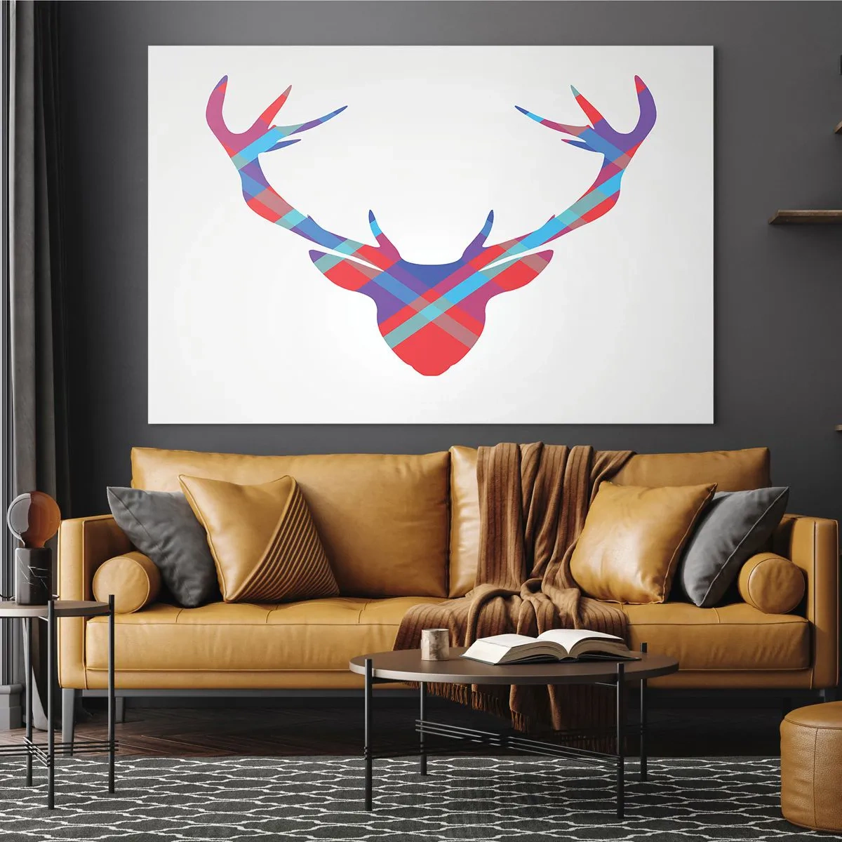 Obraz na szkle - Geometryczny wizerunek jelenia w pastelowych kolorach - 70x50cm - Szkocki jeleń - Nowoczesna dekoracja ścienna do salonu i sypialni ARTTOR
