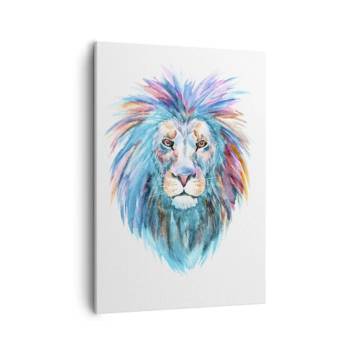 Obraz na płótnie - Kolorowy portret lwa w stylu akwareli na białym tle - 50x70cm - Elektryzująca aura - Nowoczesna dekoracja ścienna do salonu, kuchni i sypialni ARTTOR