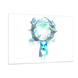 Obraz na szkle - Ilustracja przedstawiająca jelenia z motylami na rogach - 120x80cm - Siła i delikatność natury - Nowoczesna dekoracja ścienna do salonu, kuchni i sypialni ARTTOR