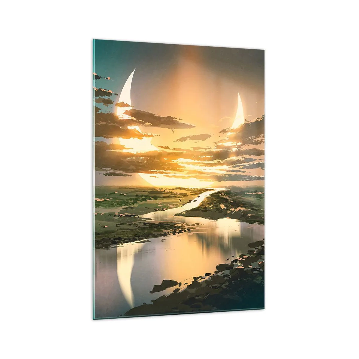 Obraz na szkle - Fantastyczny krajobraz z dwoma księżycami na horyzoncie - 70x100cm - Gdzieś w odległej galaktyce - Nowoczesna dekoracja ścienna do salonu i sypialni ARTTOR