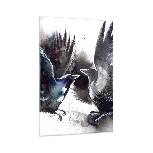 Obraz na szkle - Artystyczne kruki w dynamicznej kompozycji akwarelowej - 70x100cm - Kruk krukowi… - Nowoczesna dekoracja ścienna do salonu i sypialni ARTTOR
