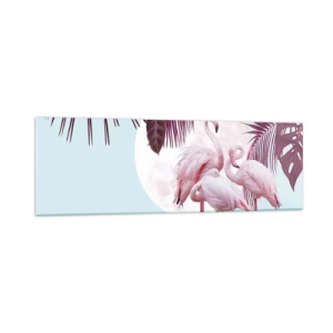 Obraz na szkle - Różowe flamingi na tle księżyca i tropikalnych liści - 160x50cm - Trzy ptasie gracje - Nowoczesna dekoracja ścienna do salonu i sypialni ARTTOR